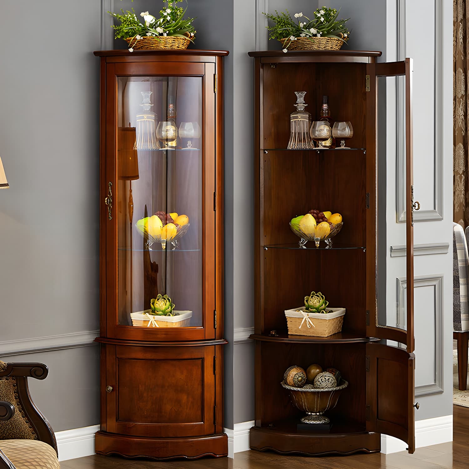 Industrial Triangle Accent Cabinet Solid Wood Storage Cabinet with Glass Doors thumbnail 6