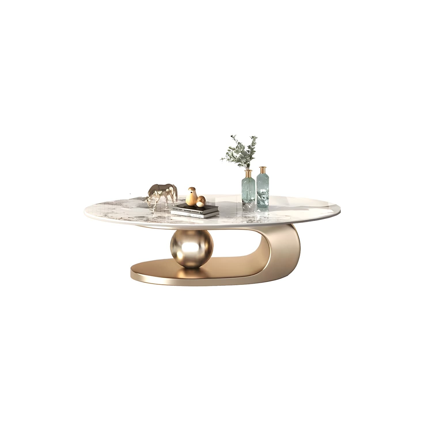 Glam Stone Coffee Table - Beige Oval Shape with Abstract Stainless Steel Base and Scratch Resistant thumbnail 8
