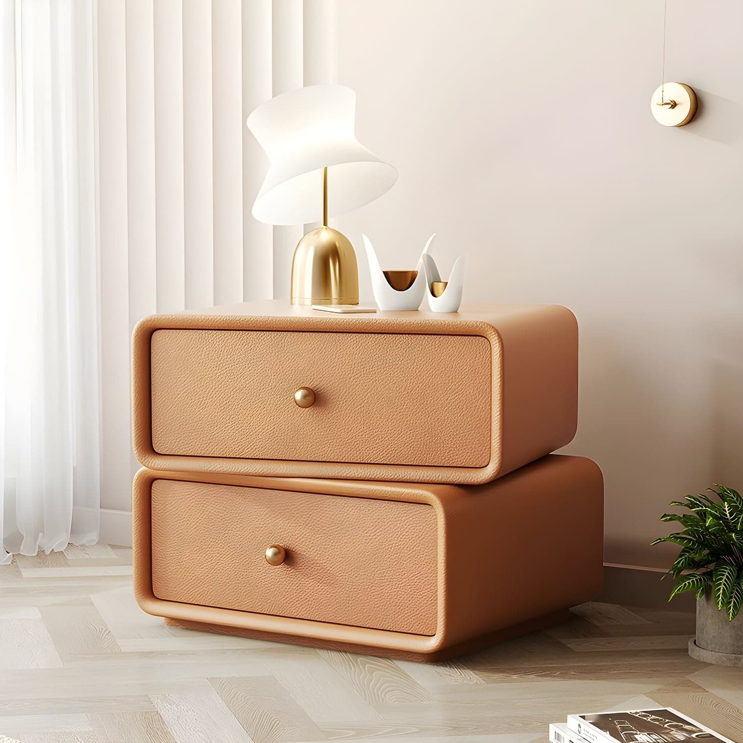 Modern Wood Nightstand with 2 Drawers - Faux Leather Countertop - Small and Stylish thumbnail 2