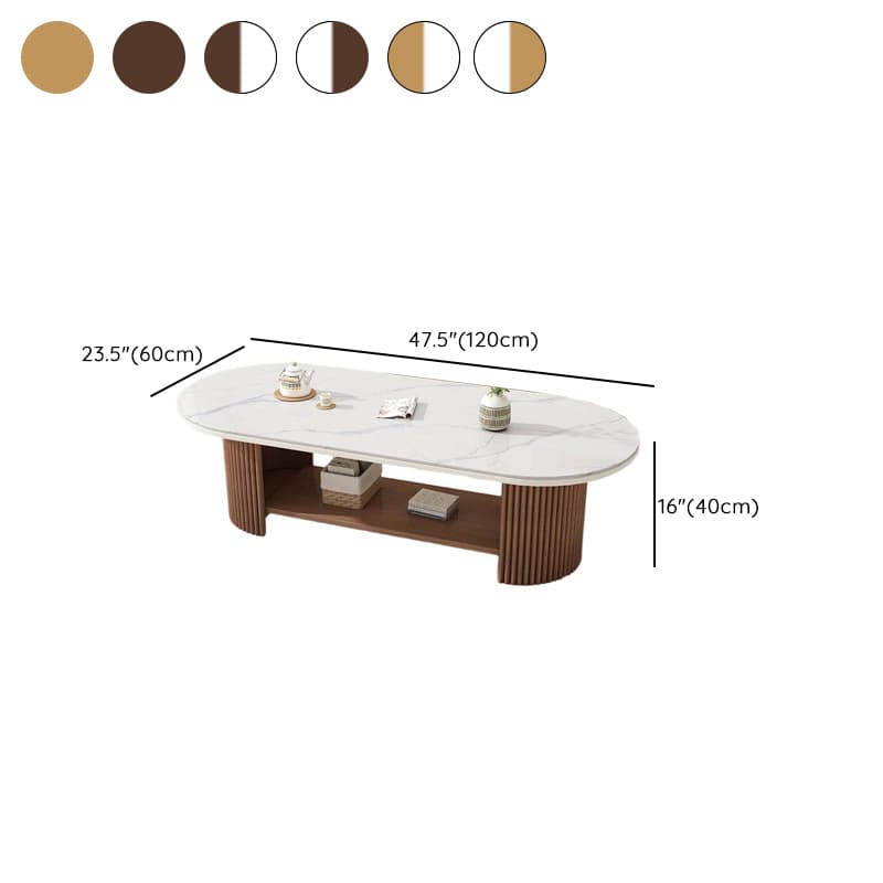 Oval Natural Wood Coffee Table with Twin Support Base, Repository, and 1 Shelf thumbnail 15