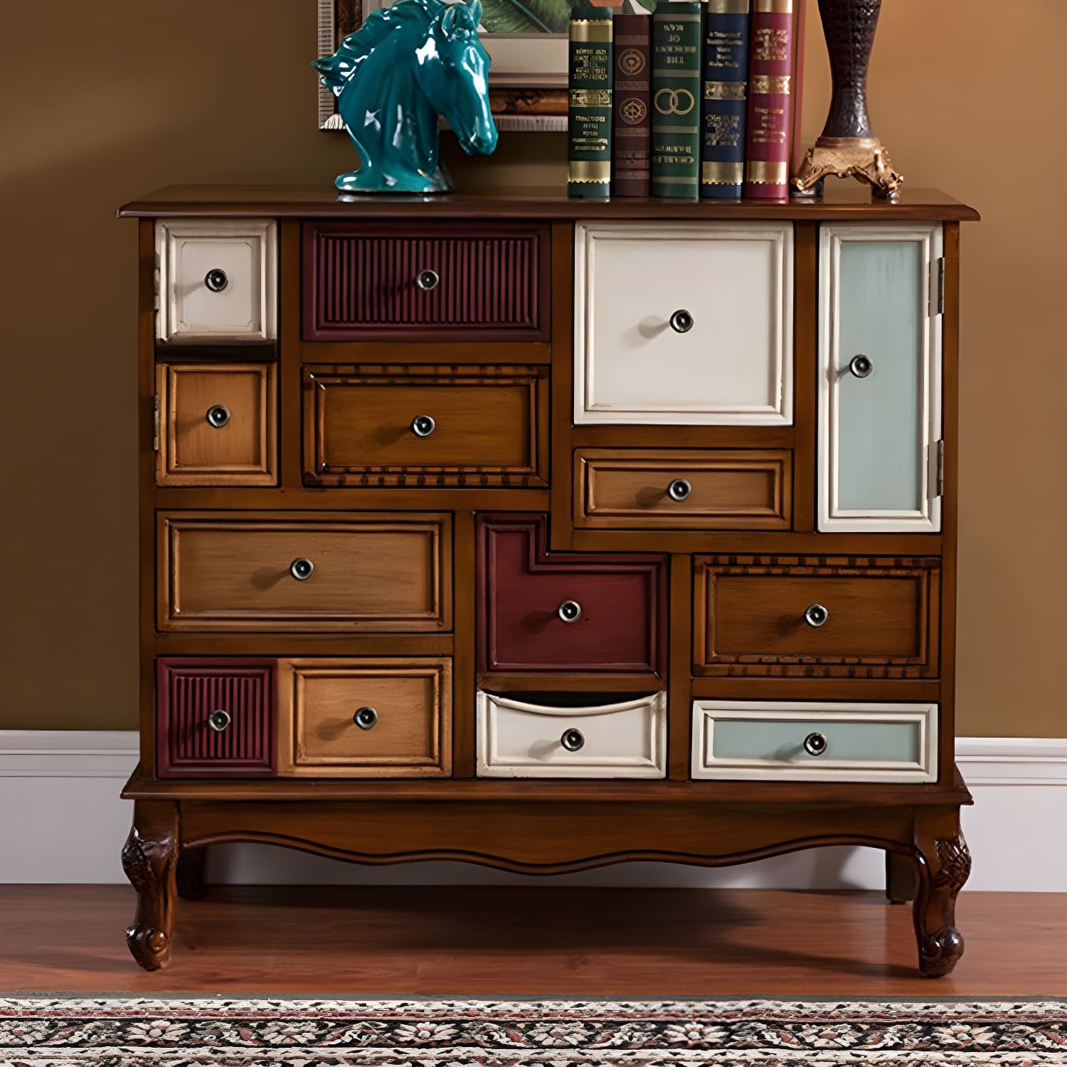 Industrial Painted Accent Cabinet with Drawers Solid Wood Chest thumbnail 16