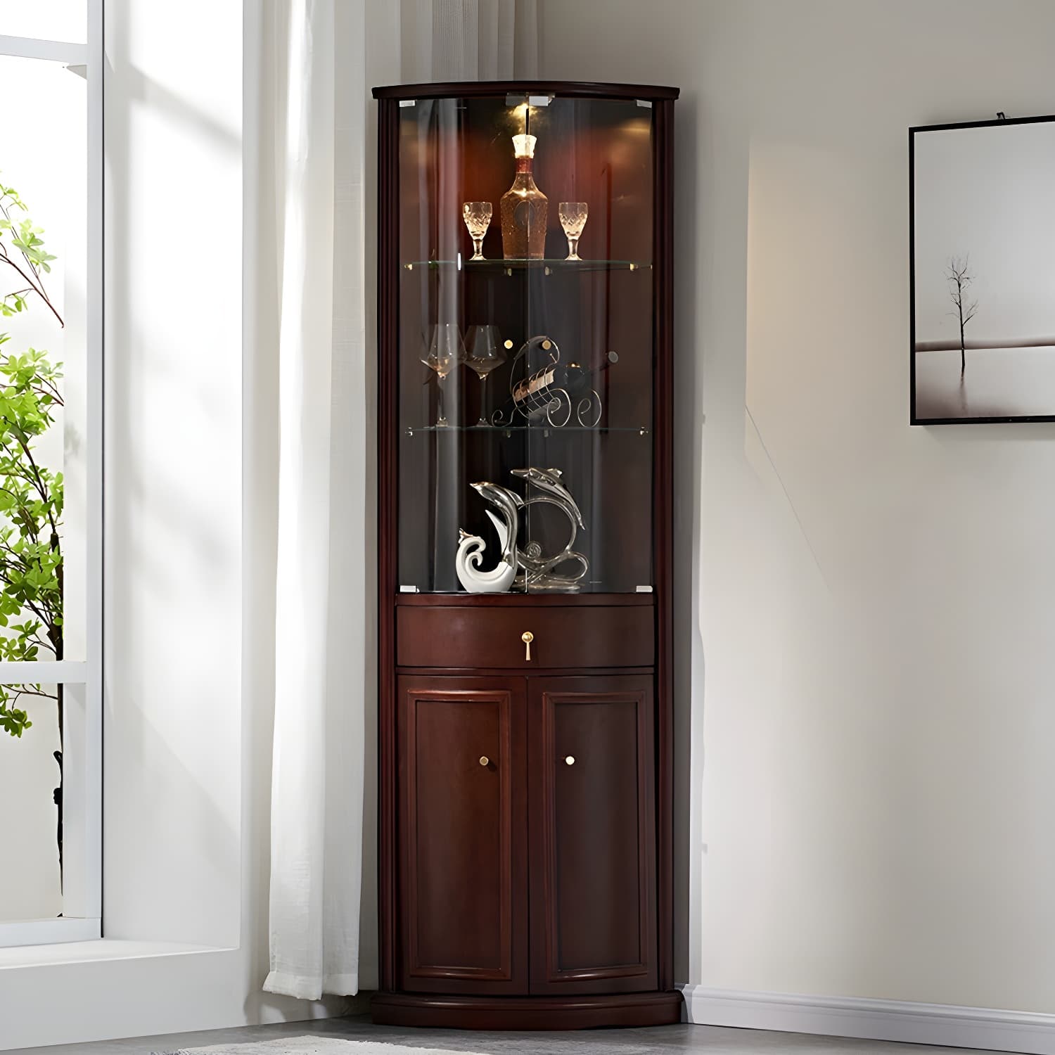 Corner Mid-Century Modern Accent Cabinet with Wood Countertop, Glass Doors, and Drawers Included thumbnail 14