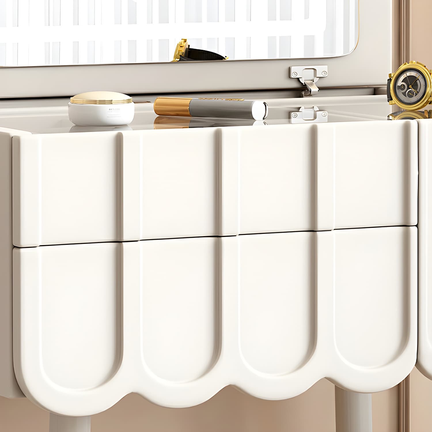 Elegant Vanity Set with Oak Top & Mirror & 2 Drawers & Comfortable Seat thumbnail 8