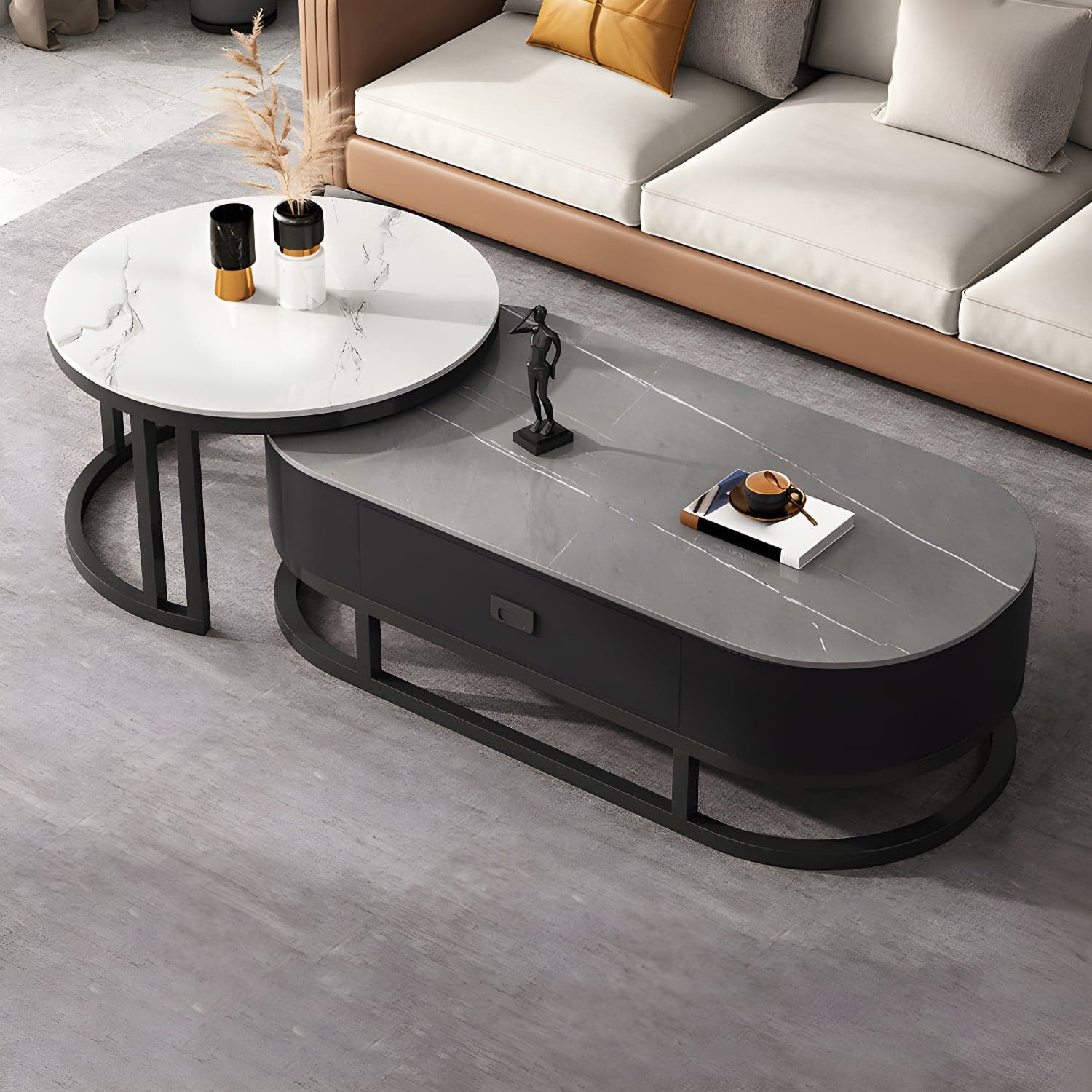 Slate Coffee Table Oval Nesting Coffee Table Set with Metal Legs thumbnail 1