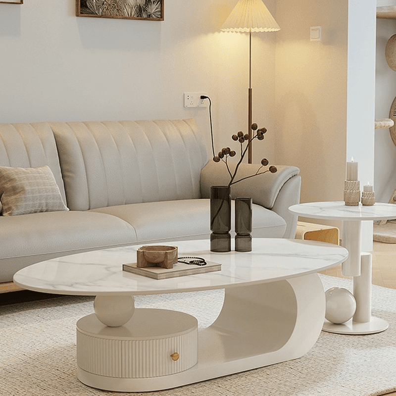 White/Black Farmhouse Single Stone Accent Table with Base, Oval Top, and 1 Drawer thumbnail 4