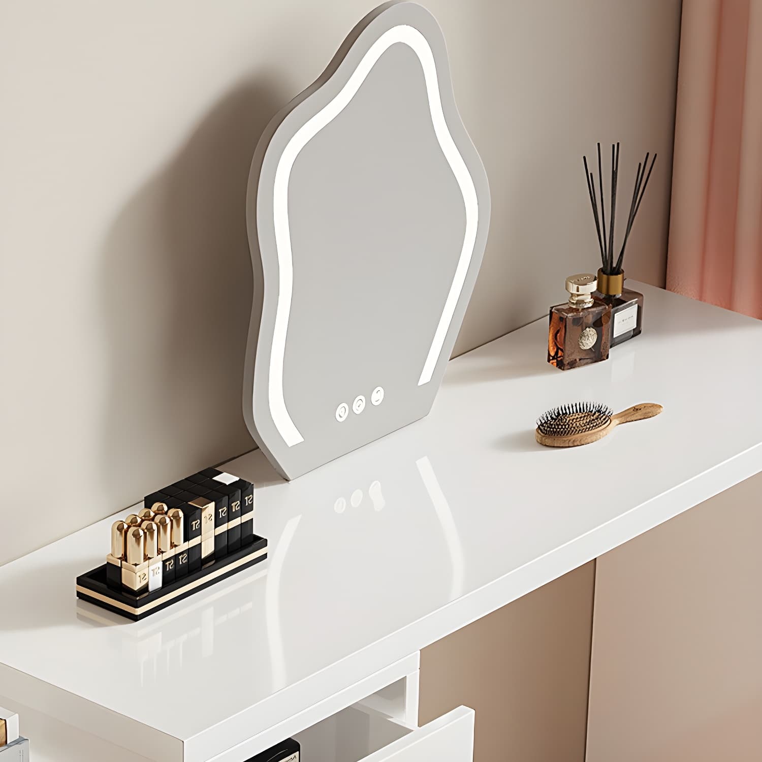 Contemporary White Wood Rectangle Top Make-up Vanity with Lighted Mirror thumbnail 9