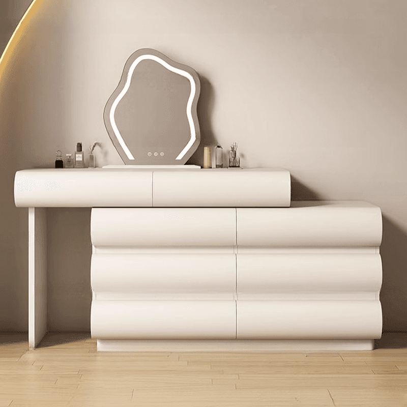 Large Vanity Set with Natural Wood Table Top, White Chair, 8 Drawers, Mirror Lights, and Scalable Design thumbnail 4