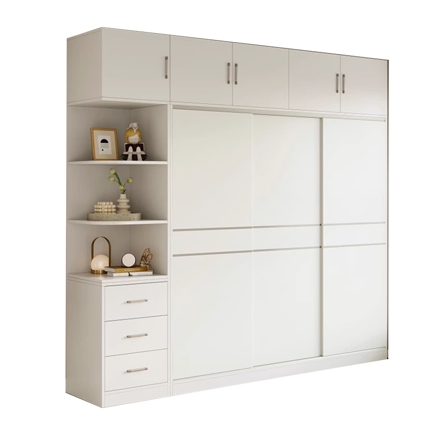 Fashionable Sliding Door Storage Wood Wardrobe with Metal Clothing Rod and Shelves in White Color thumbnail 7
