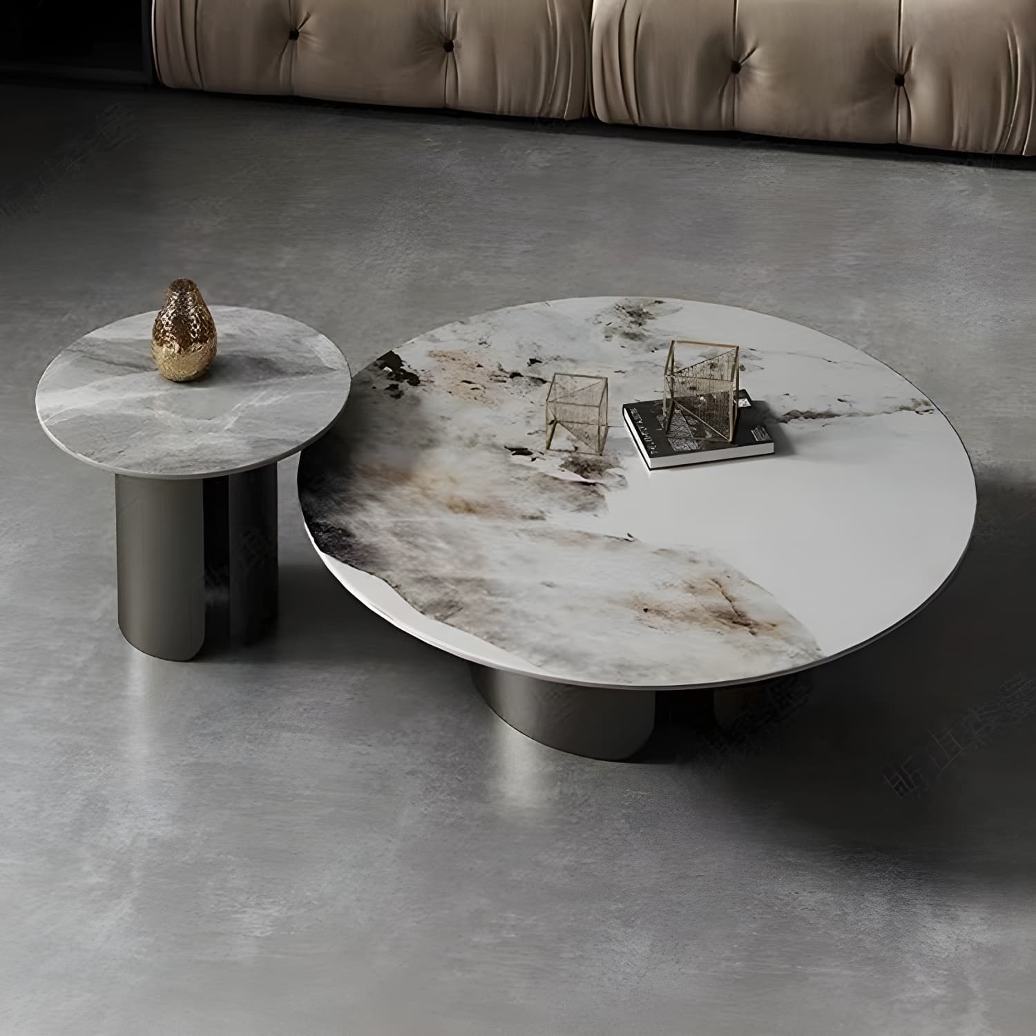 Chic Modern Round Beige Stone Top Coffee Table with Industrial Iron Base thumbnail 4