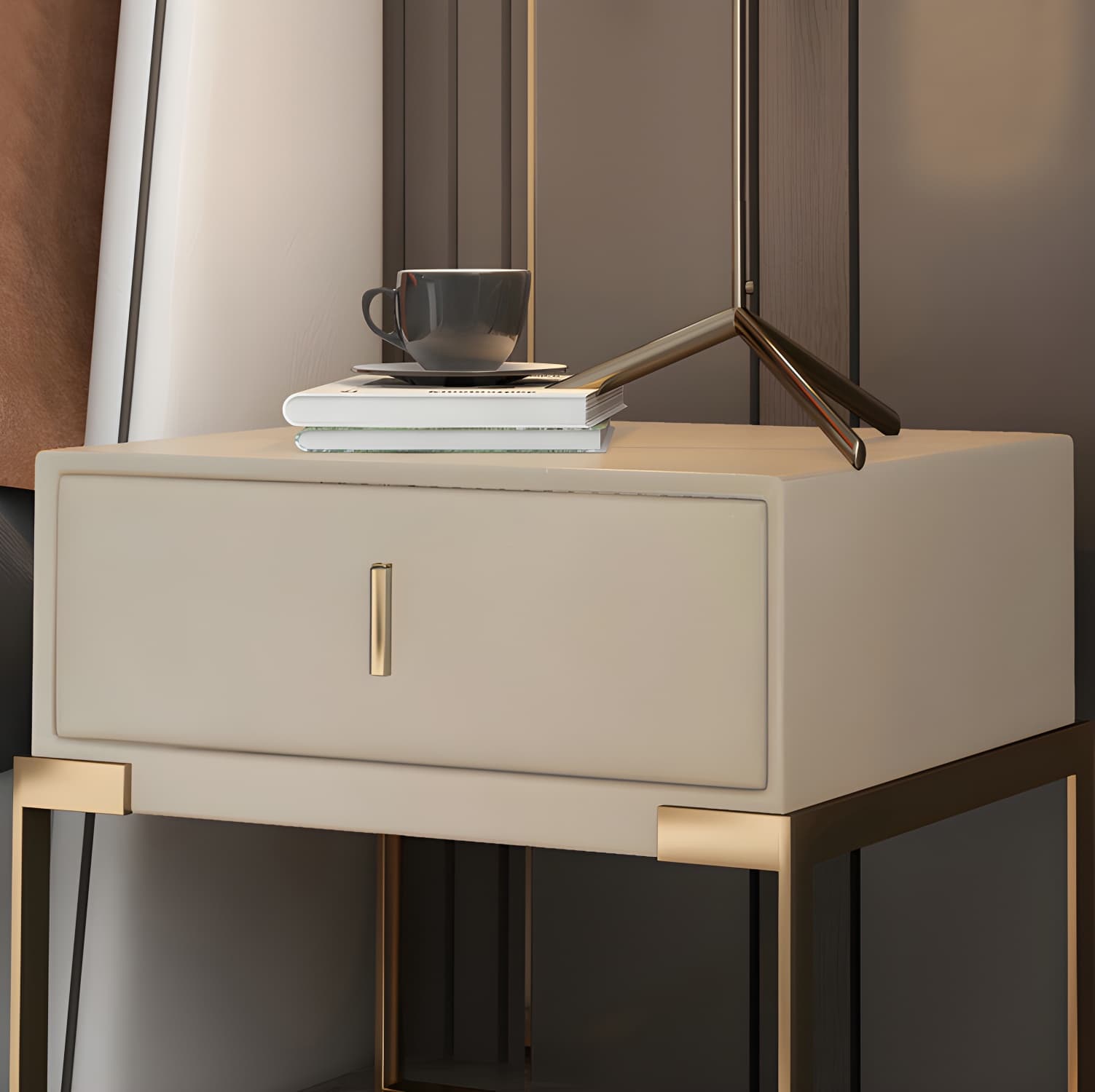 Faux Leather Nightstand 1-Drawer 21 Inch Tall Modern Legs Included Night Table thumbnail 29