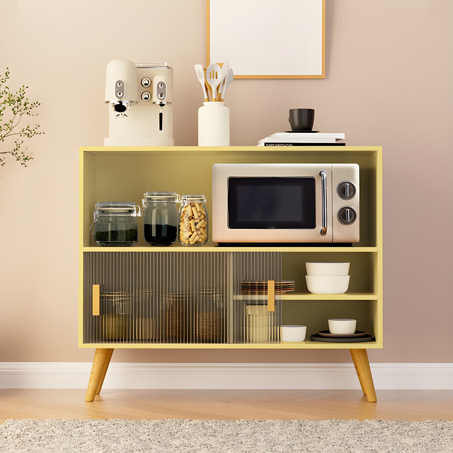 Scandinavian Wood Buffet Table with Acrylic Sliding Doors and Cabinet thumbnail 12