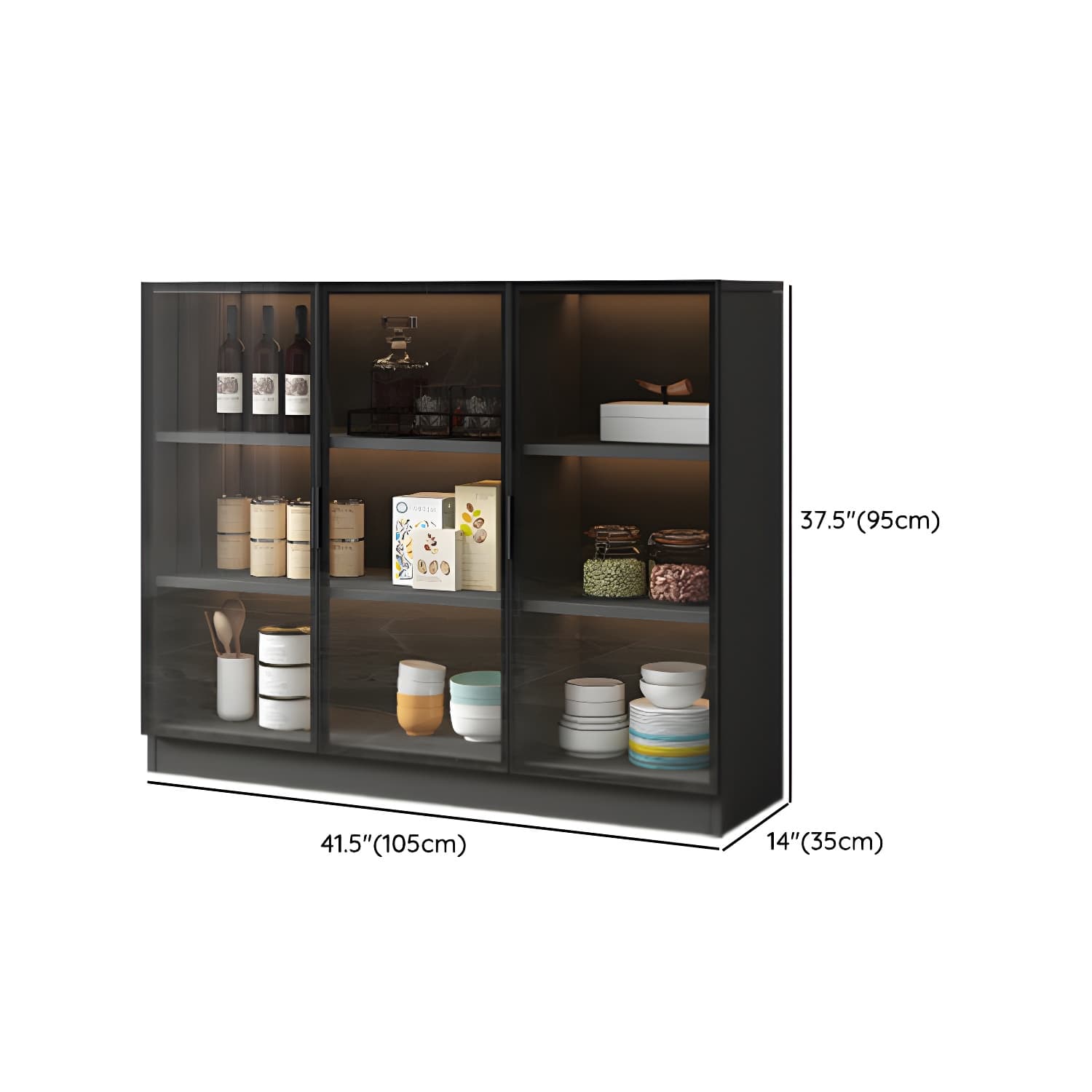 Black Modern Wood Sideboard Credenza with Glass Doors and Interior Shelves thumbnail 14