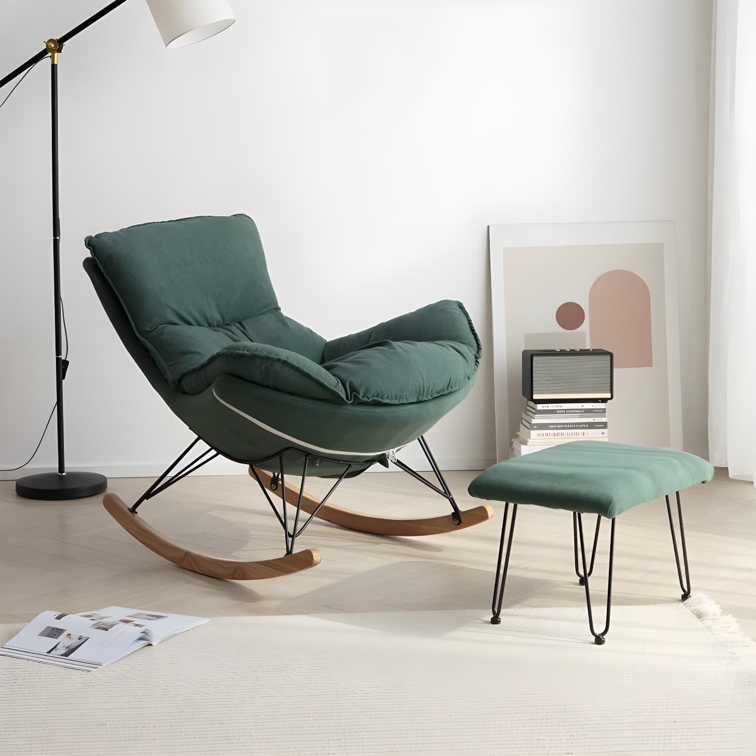 Modern Rocking Chair with Ottomans - Metal Frame, Removable Cushions, and Armless Design thumbnail 2