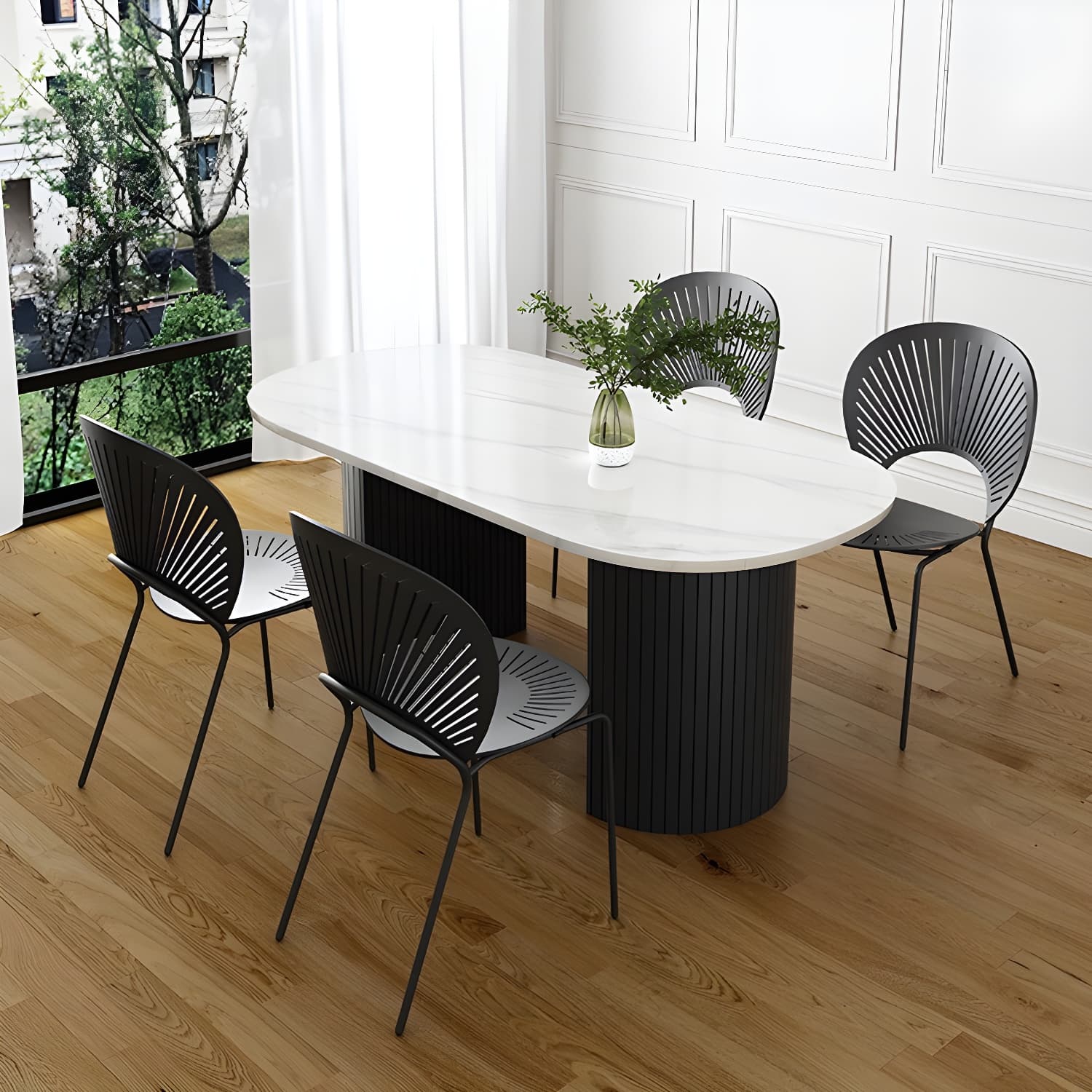 Modern Oval Dinette Table Sintered Stone Top Black Steel Double Pedestal Table thumbnail 3