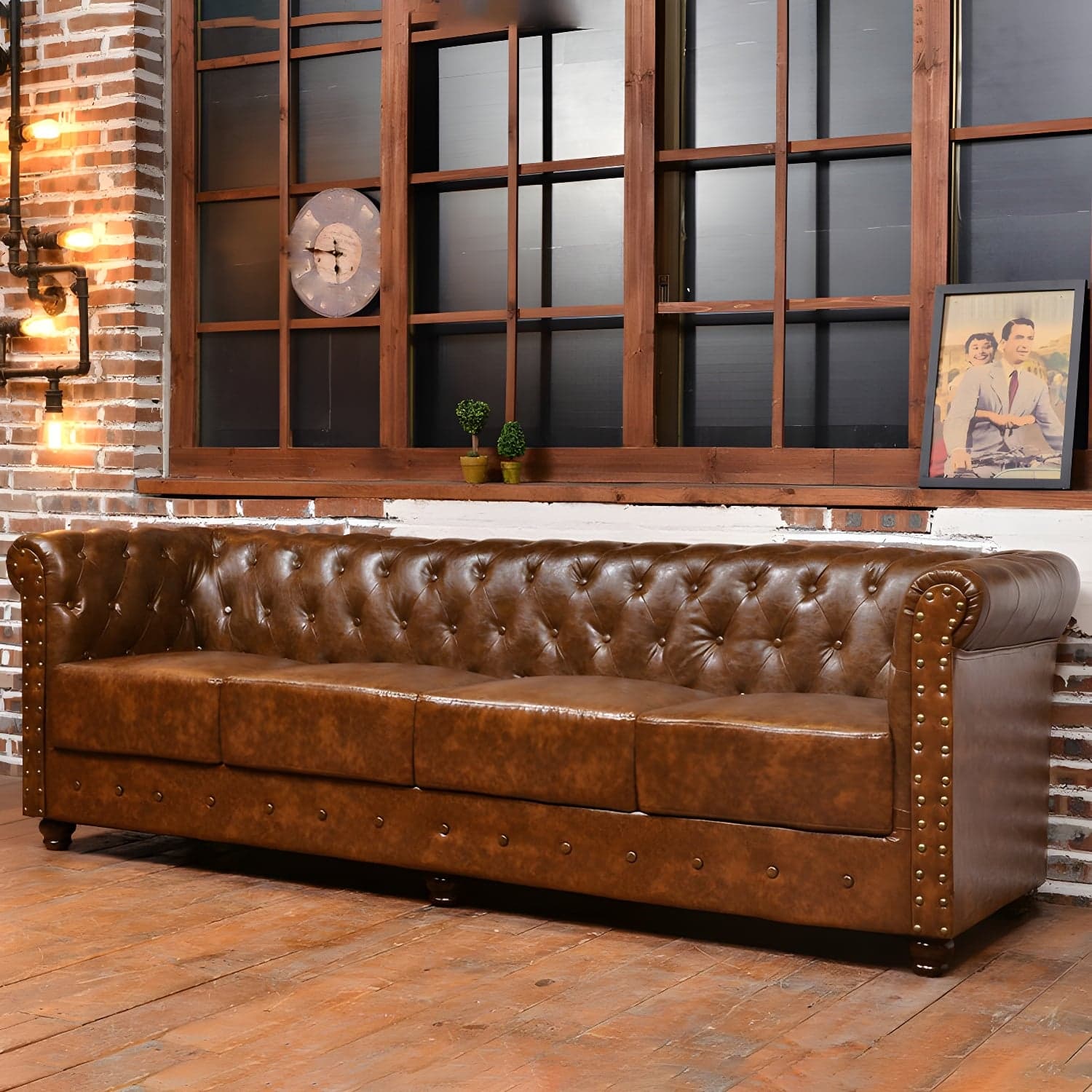 Vintage Leather Chesterfield Sofa 29.53"High Rolled Arm Sofa for Cafe thumbnail 12