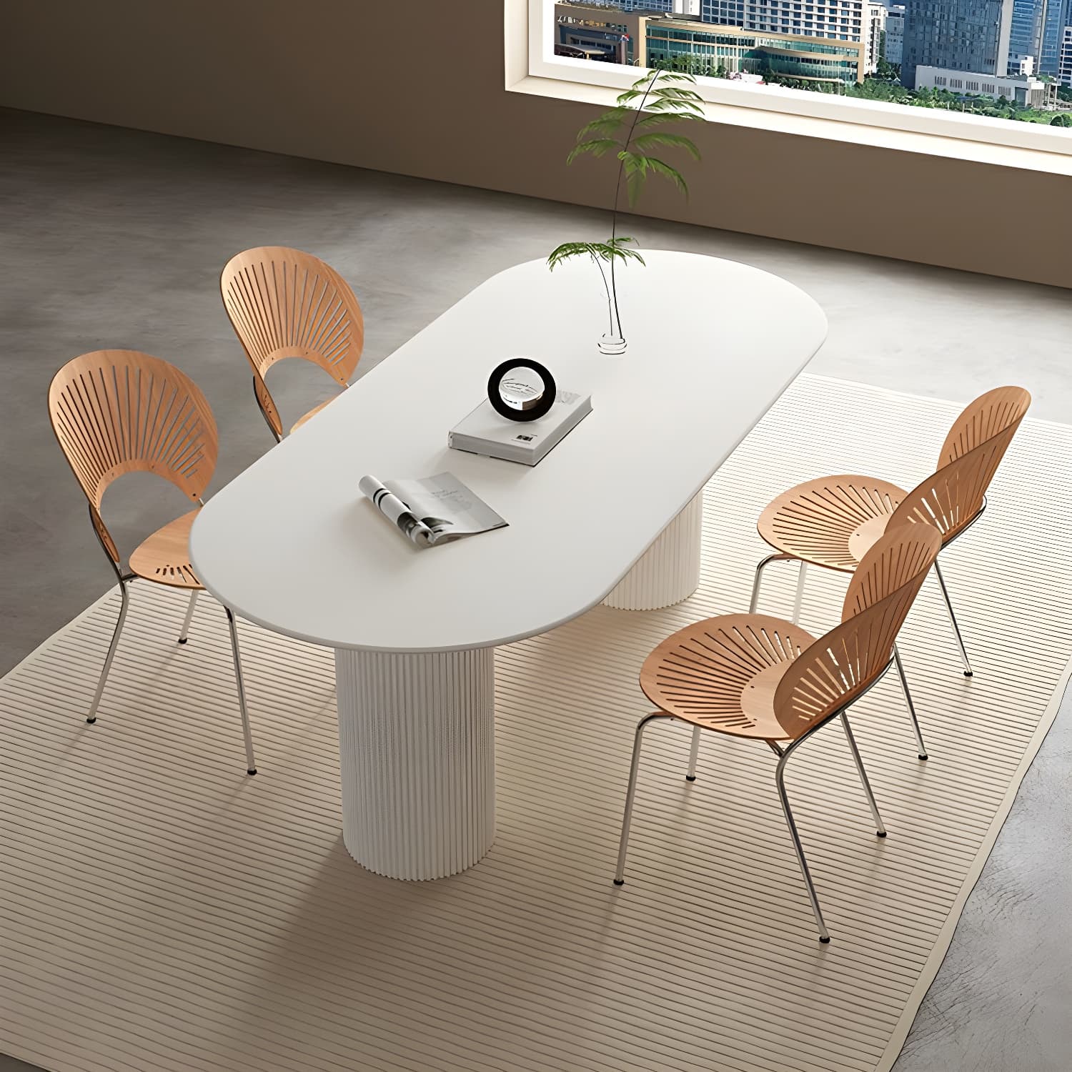Stylish White Stone Kitchen & Dining Table with Adjoining Pedestal Base thumbnail 11