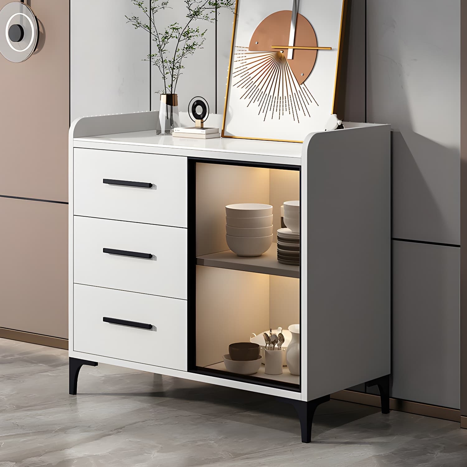 Glam Style Sideboard Wood Glass Doors Side Board with Cabinets and Drawers without Light thumbnail 3
