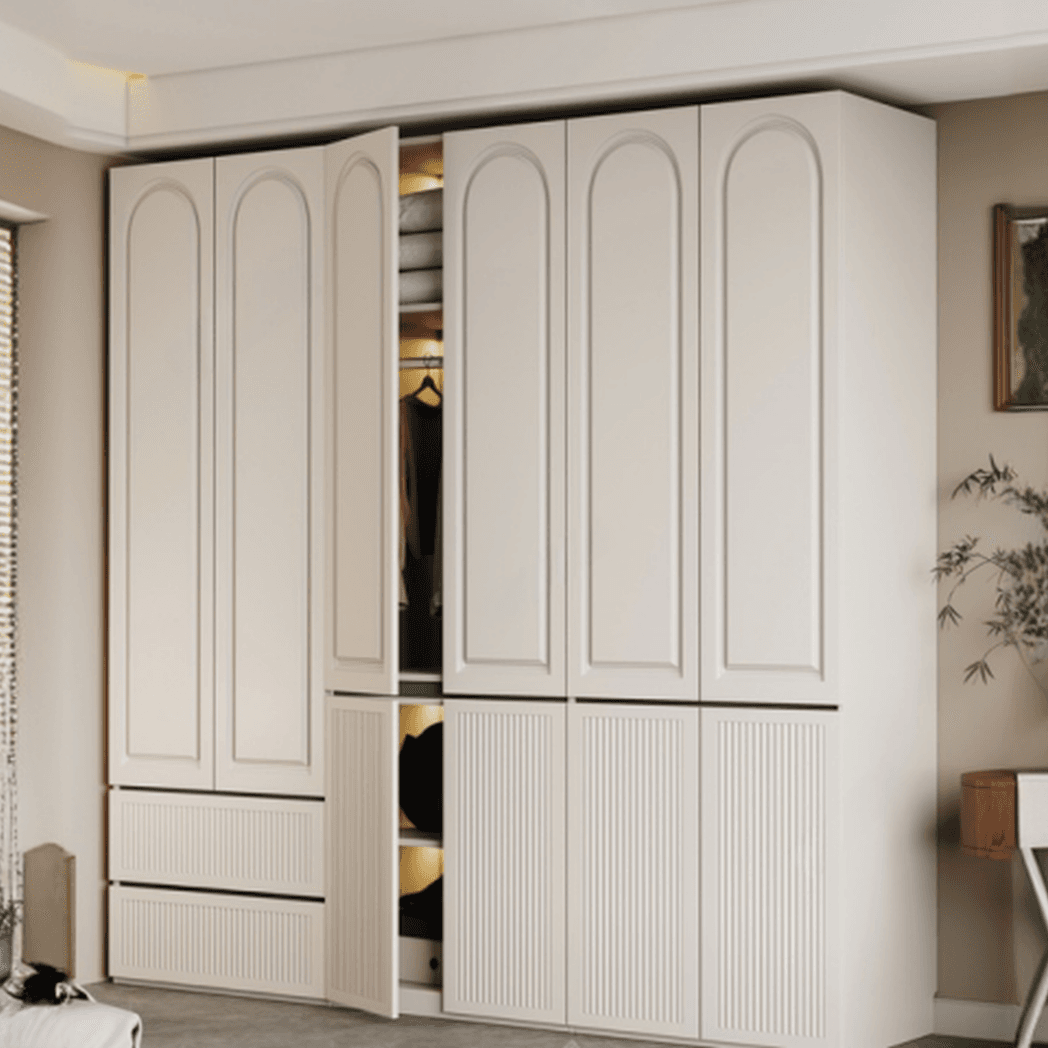 White Minimalist Manufactured Wood Independent Wardrobe Closet with Soft Close Drawer, Soft Close Door, and Interior Shelves thumbnail 1