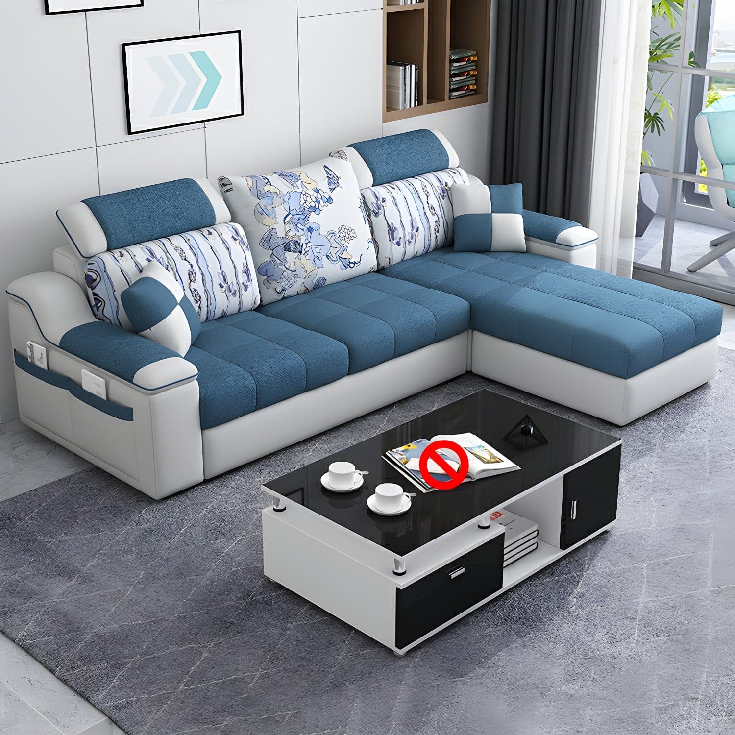 Reversible L-Shape Scandinavian Sectional Sofa with Ottoman and Adjustable Headrest in 2 Piece Set thumbnail 2