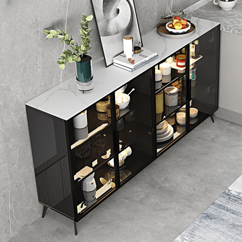 Coal Art Deco Sideboard with Locker, Standard/Narrow Size, Three Internal Shelves, and Glass Doors