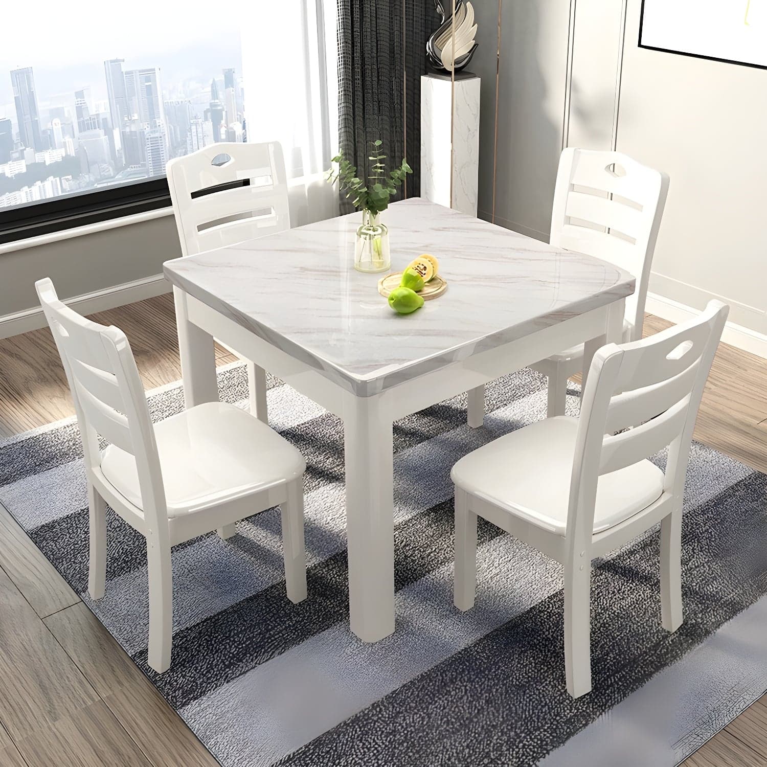 Square Marble Dining Table Set 1/5 Pieces with Solid Wood Base for Kitchen thumbnail 3