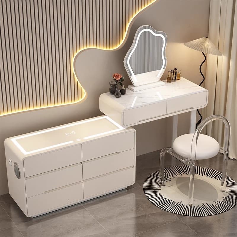 Simplistic Large Vanity Set with Stone Table Top, Clear Seating, 8 Drawers, and Mirror Lights thumbnail 1