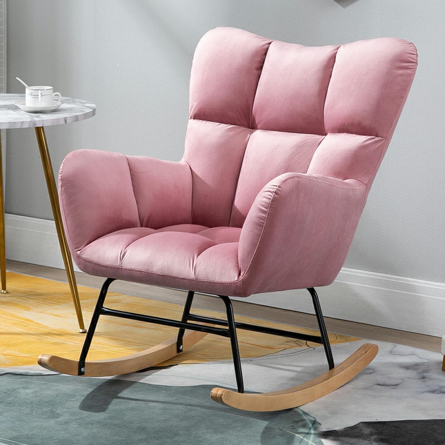 Stylish Modern Upholstered Rocking Chair with Tufted Design and Wood Legs - Support Up to 398 lbs thumbnail 9