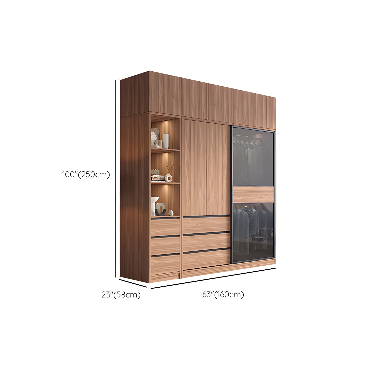 Glass and Wood Wardrobe Cabinet Brown Wardrobe Armoire with Garment Rod thumbnail 26