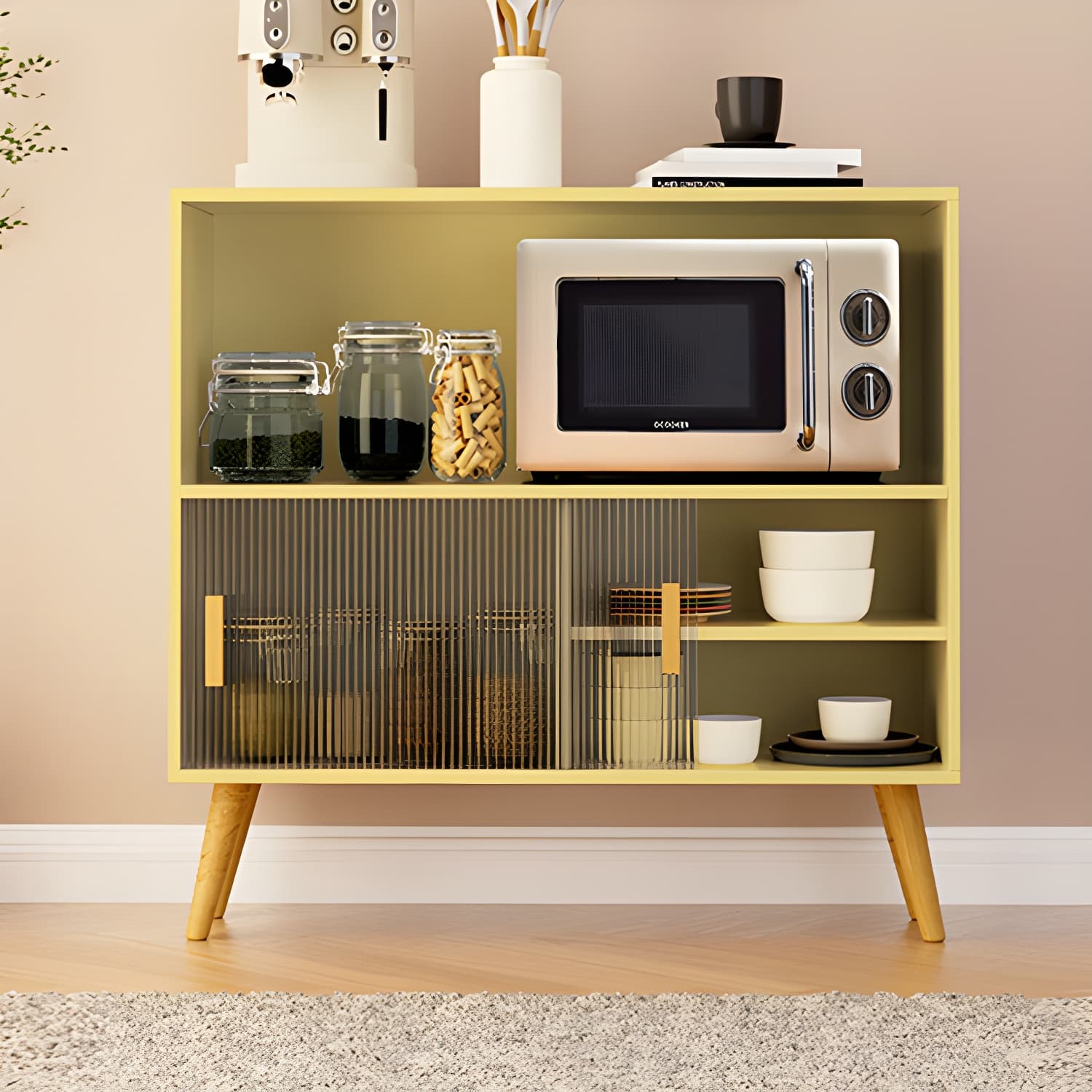 Scandinavian Wood Buffet Table with Acrylic Sliding Doors and Cabinet thumbnail 3