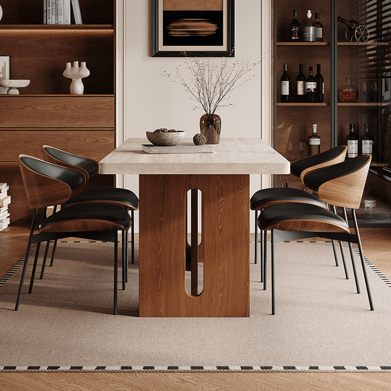 Minimalist Rectangular Slate Stone Dining Table Set with Two-sided Pedestal in Ivory thumbnail 1