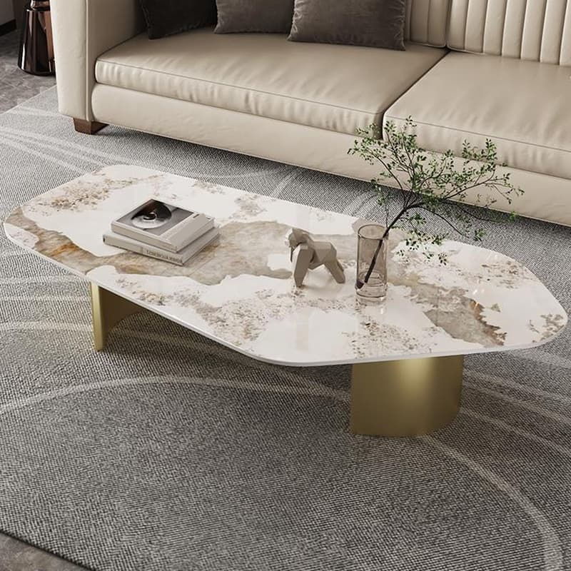 Modern Farmhouse Stone White Irregular Single Coffee Table with Twin Pedestal Base thumbnail 3