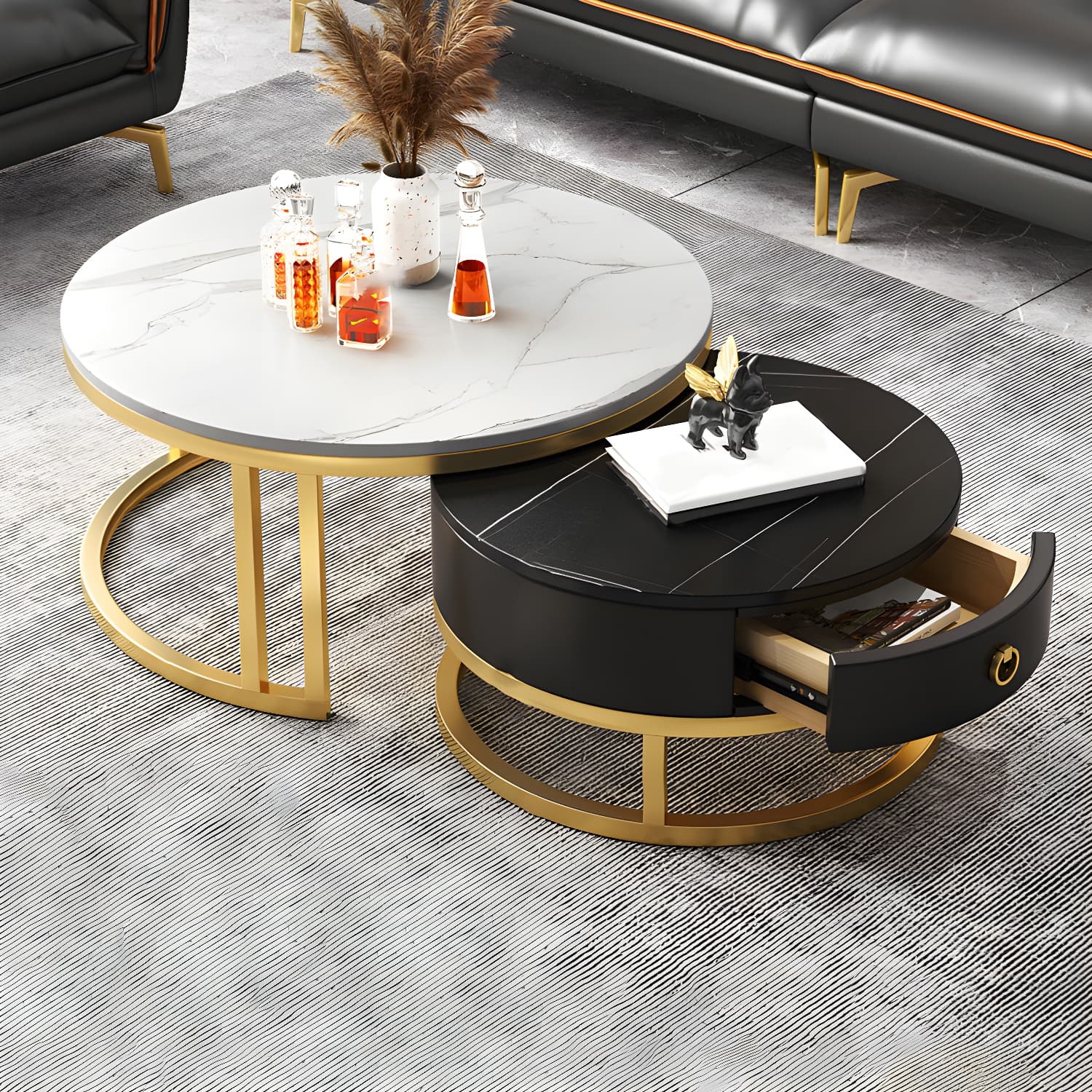Modern Nesting Coffee Table Set Frame Round Coffee Table Set with Drawer thumbnail 6