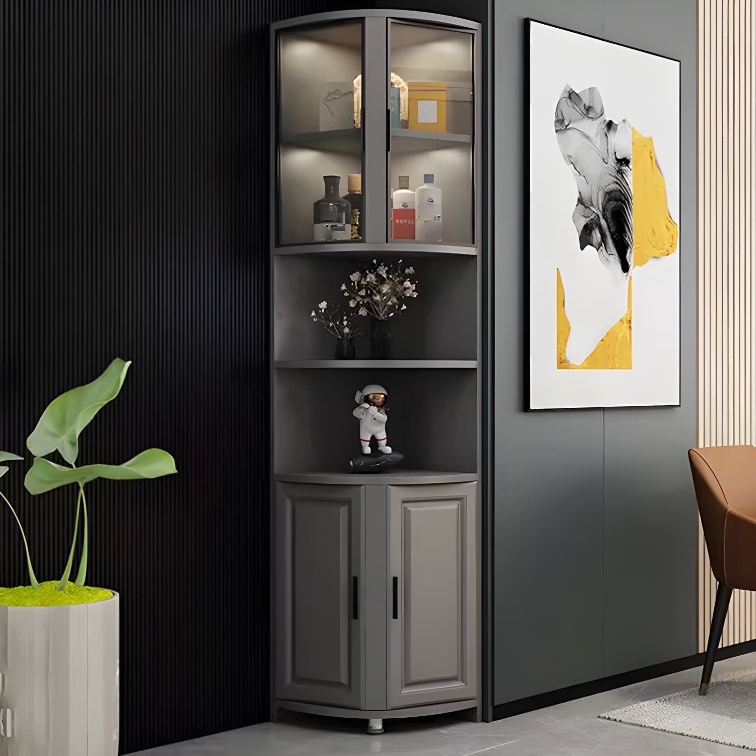 Modern Grey Corner Accent Cabinet with Glass Doors and 8 Interior Shelves thumbnail 7