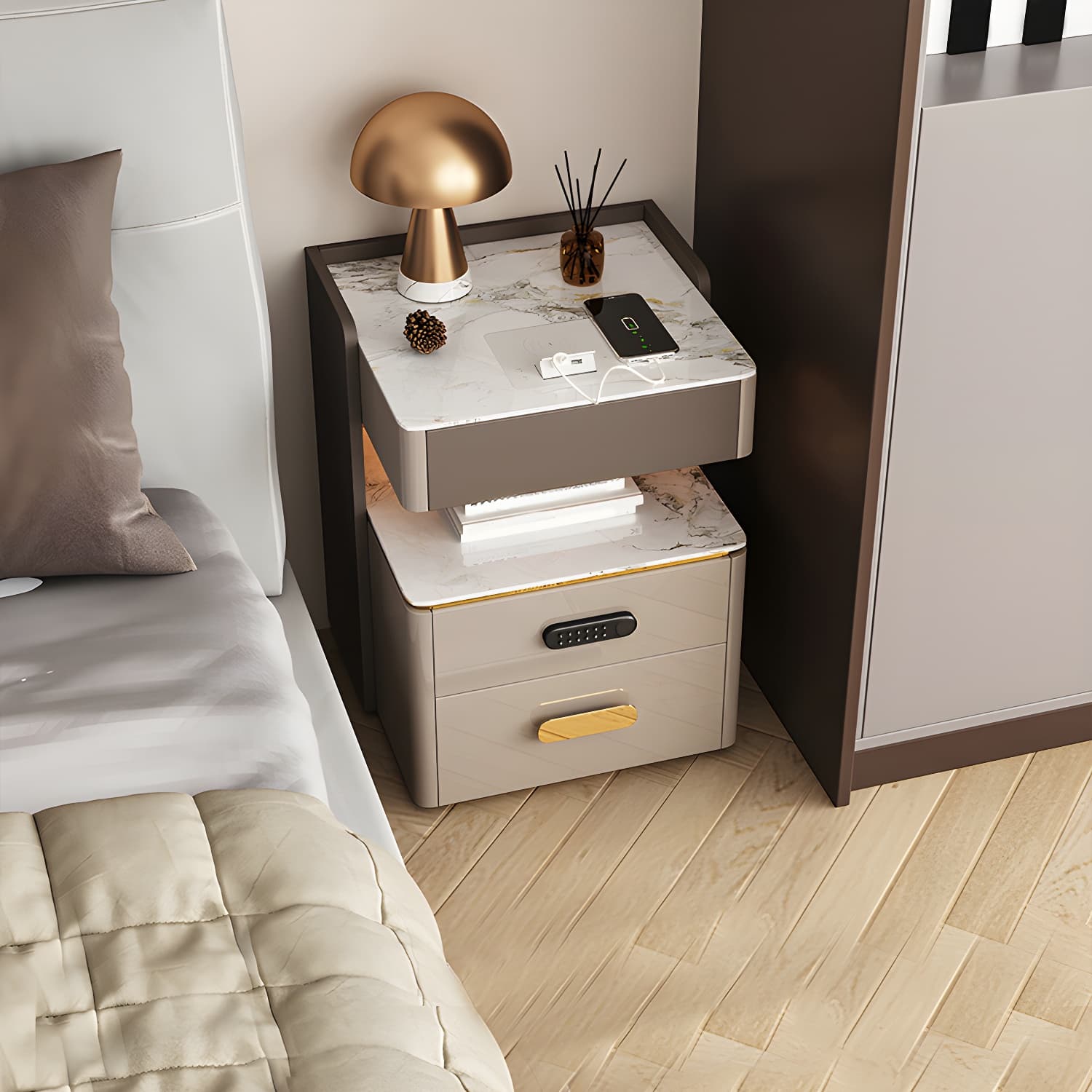 3-Drawer Nightstand with USB charging 21.65" Tall Faux Leather Nightstand thumbnail 5