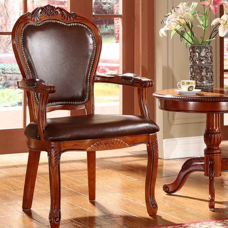 Steady Bordered Leather Upholstered Side Chair/Arm Chair with Wooden Legs and Nailhead Embellishment for Dinette in a Nordic Style thumbnail 4