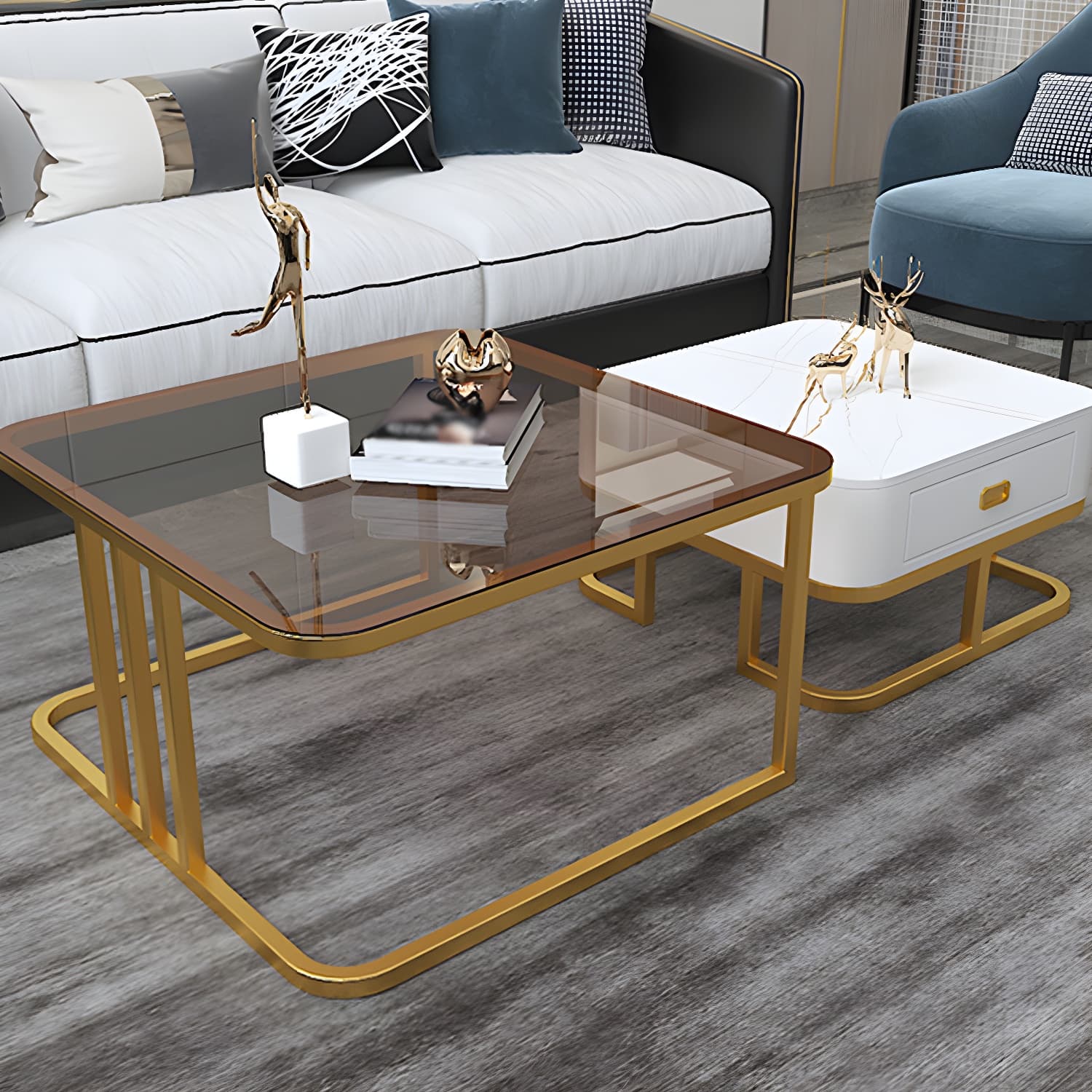 Round Slate/ Glass Coffee Table Frame 2 Nesting Cocktail Table with Storage thumbnail 19