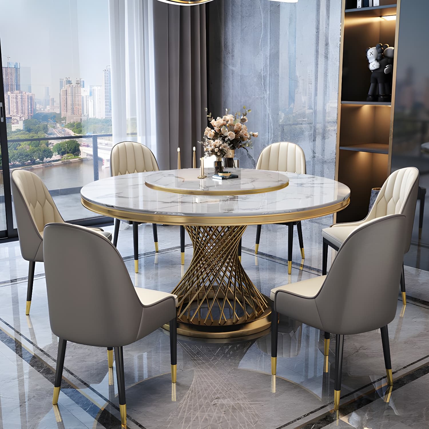 1/5/7/9 Pcs Dining Set with Round Marble Table and Padded Chairs thumbnail 3