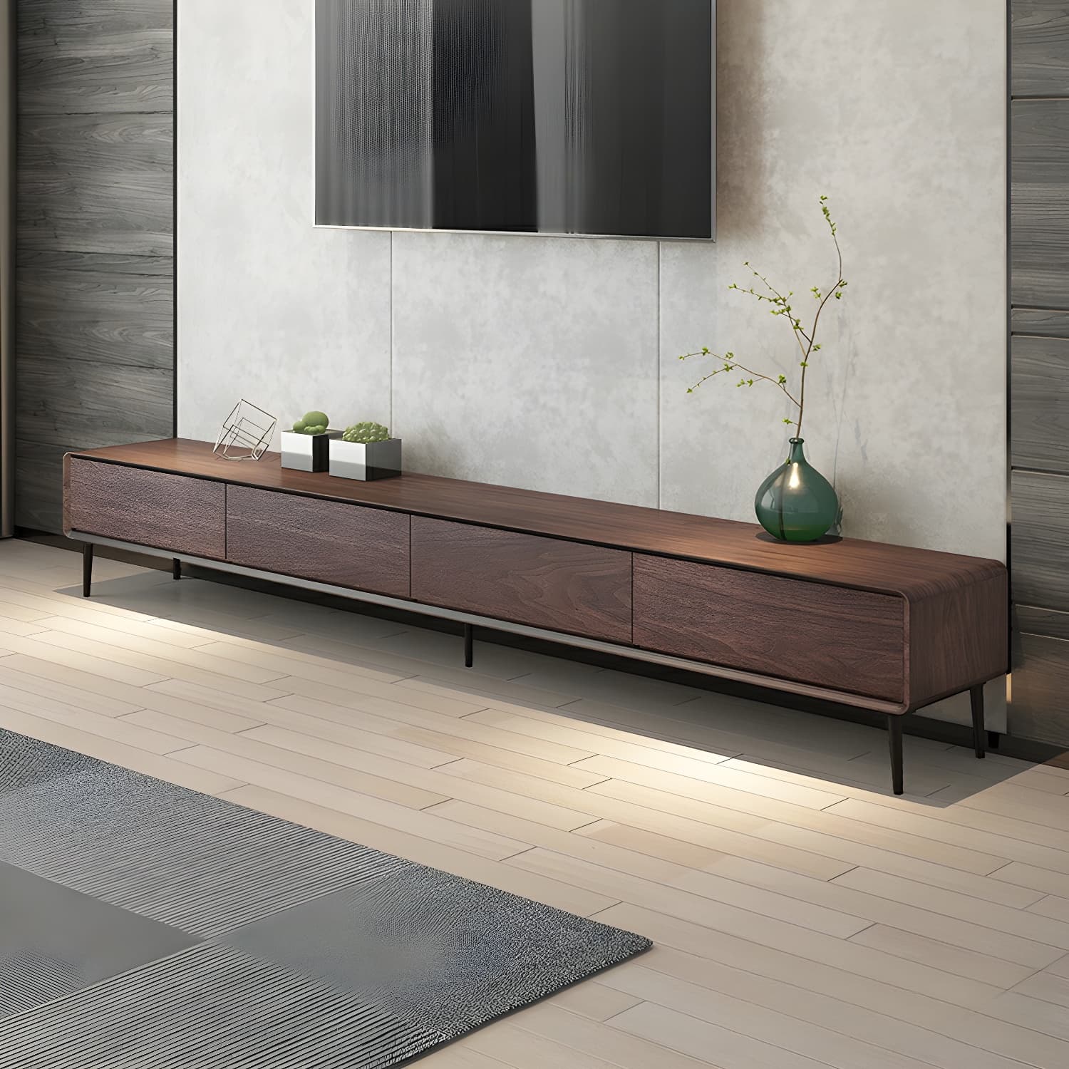Modern Wooden Long and Low TV Stand with 4 Drawers, No Assembly Required, Dark Tone thumbnail 6