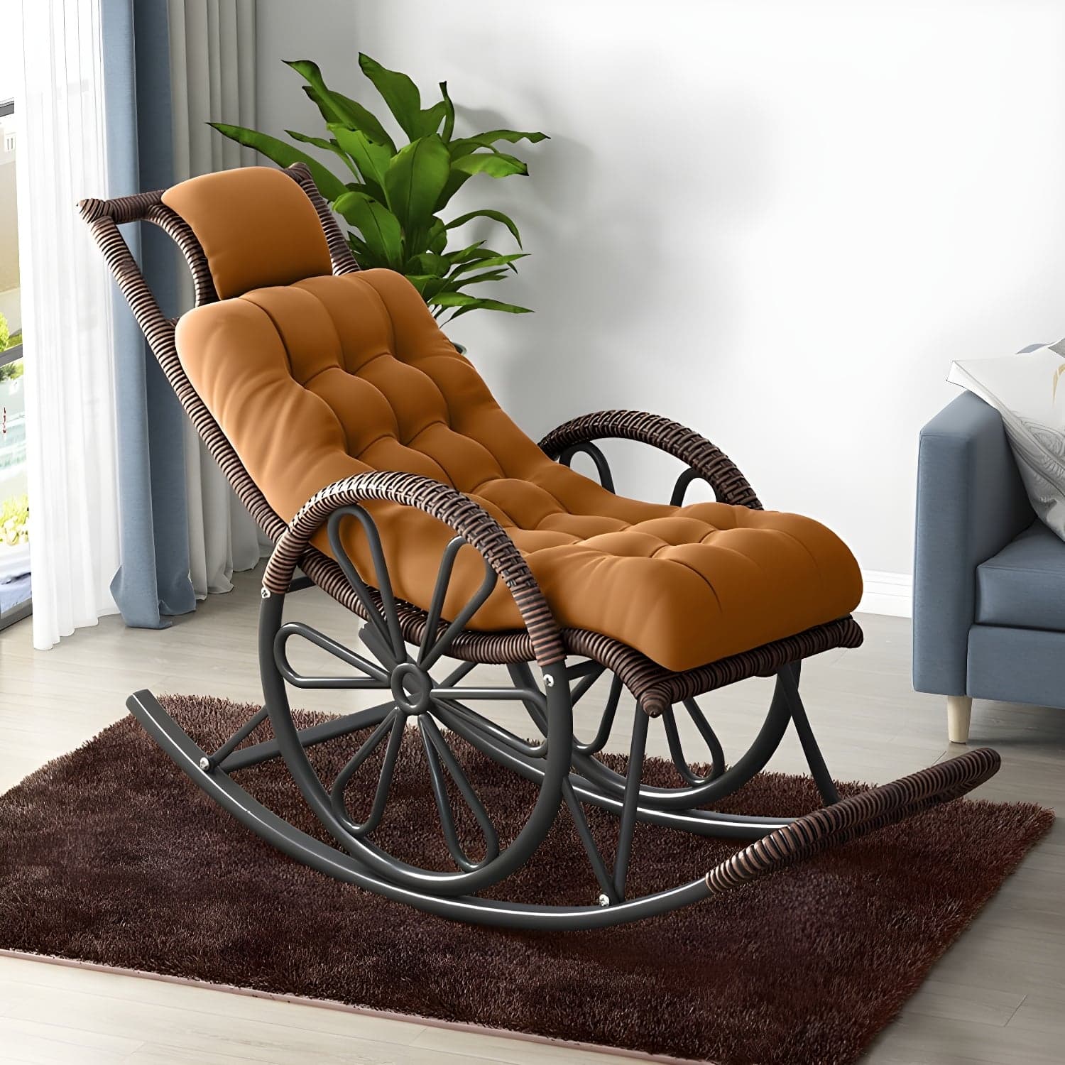 Modern Rocker Wicker Removable Cushions Tufted with Gray Frame Rocking Chair
