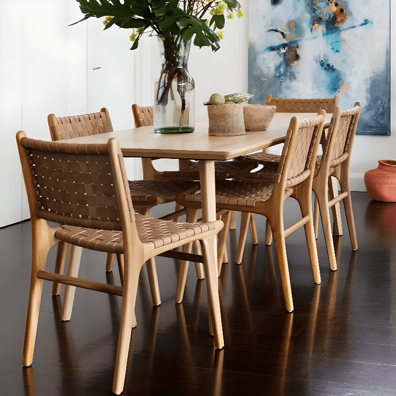 Modish Stable Genuine Leather/Rope/Faux Leather Woven Side Chair with Wood Framed Open Back and Natural Finish/Brown Base thumbnail 8