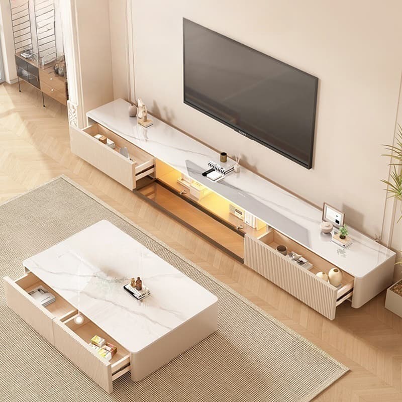 Modish Sintered Stone TV Stand with 2-Drawer, Cabinet & Cable Management Living Room thumbnail 7
