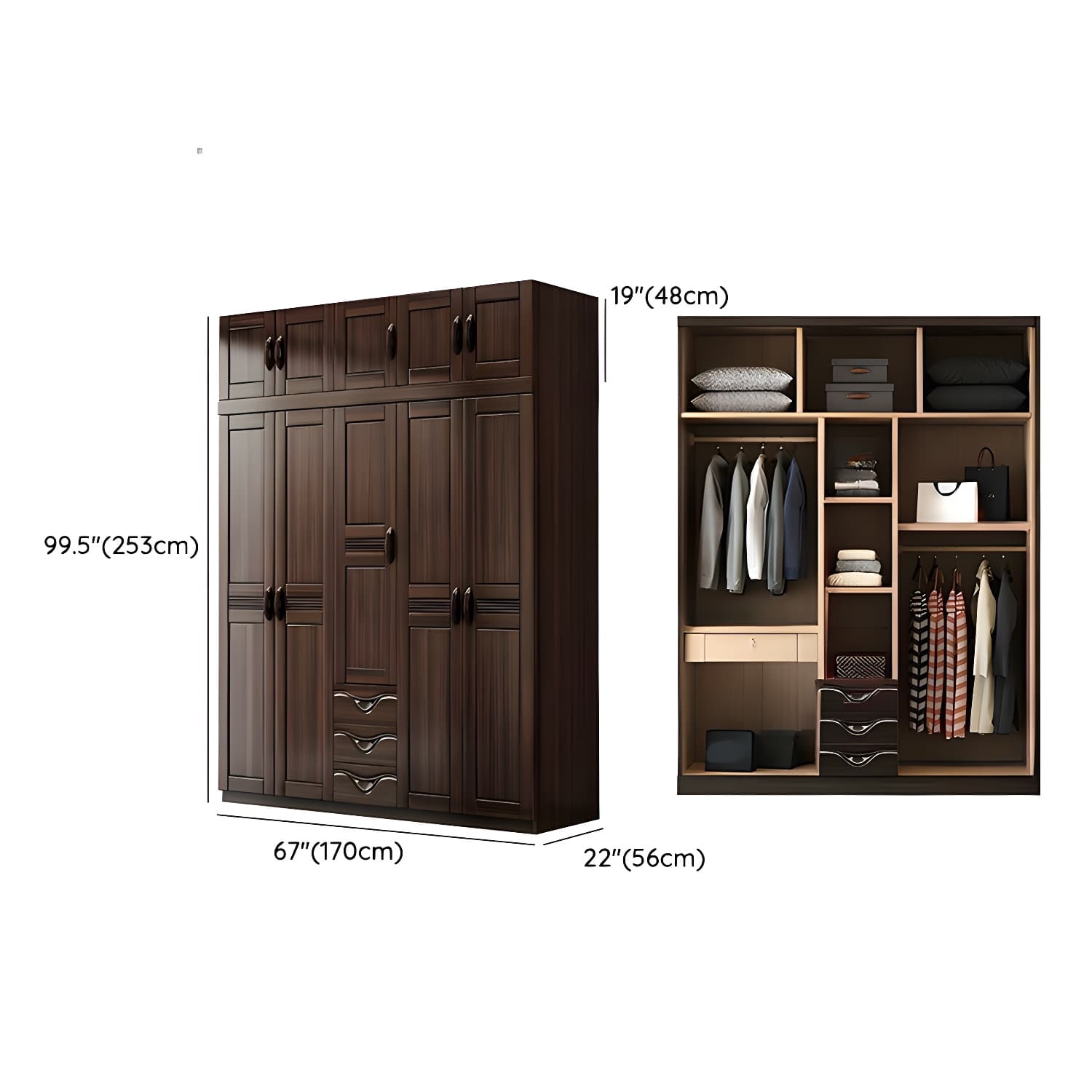 Traditional Black-brown Storage Wood Wardrobe with Clothing Rod and Shelves thumbnail 19