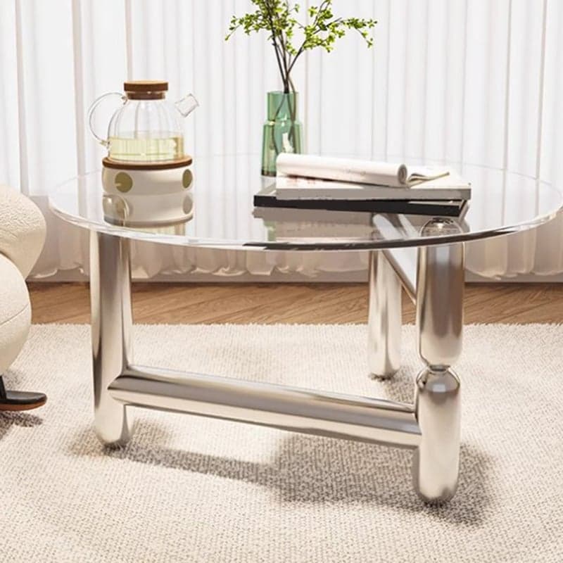 Sleek Silver Stainless Steel Coffee Table with Tempered Glass Top thumbnail 2