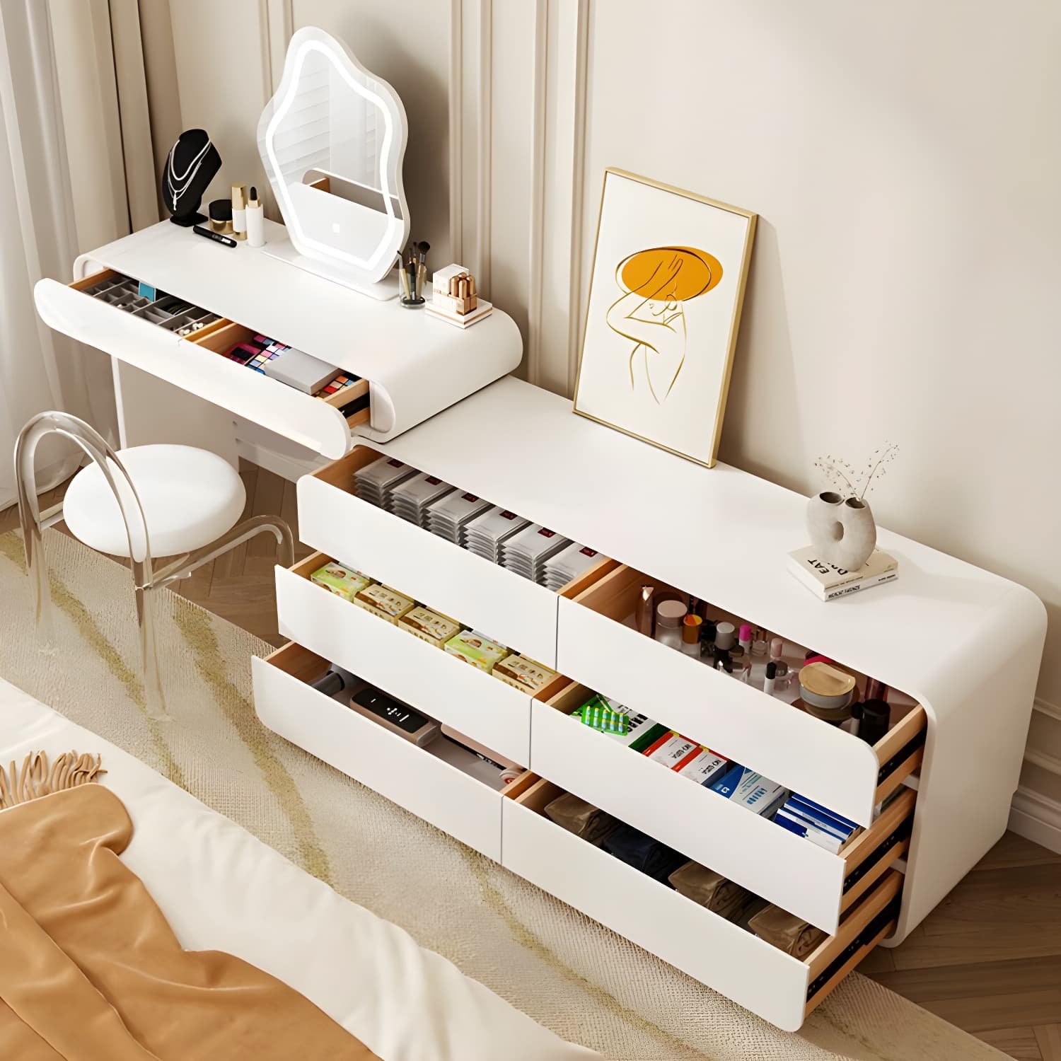 Modern White Wooden Makeup Vanity With Soft Close Drawers & Easy Assembly, Standard Width thumbnail 13