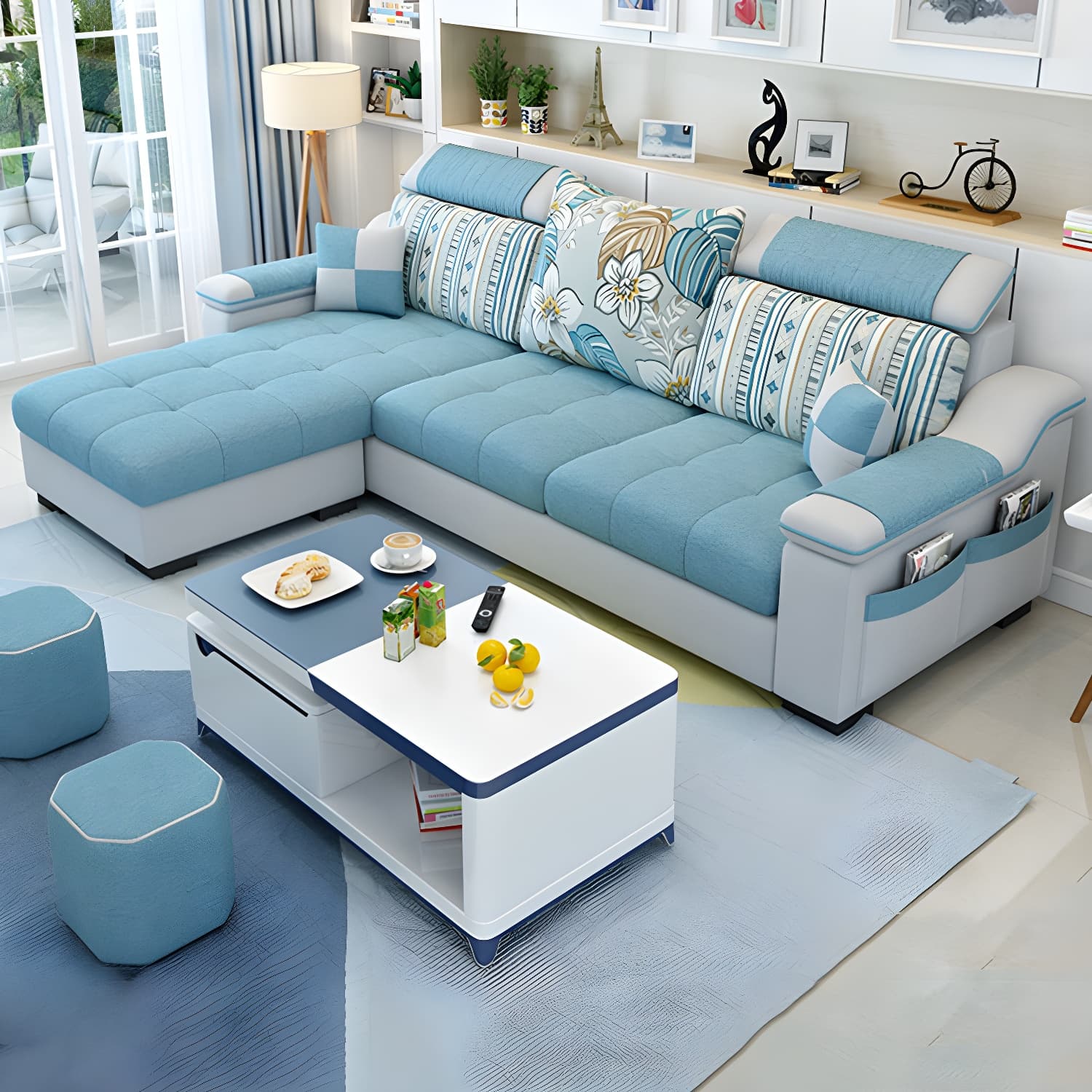 Modern Reversible Straight Sectional Sofa with Ottoman in Linen Upholstery, Sloped Arms thumbnail 13