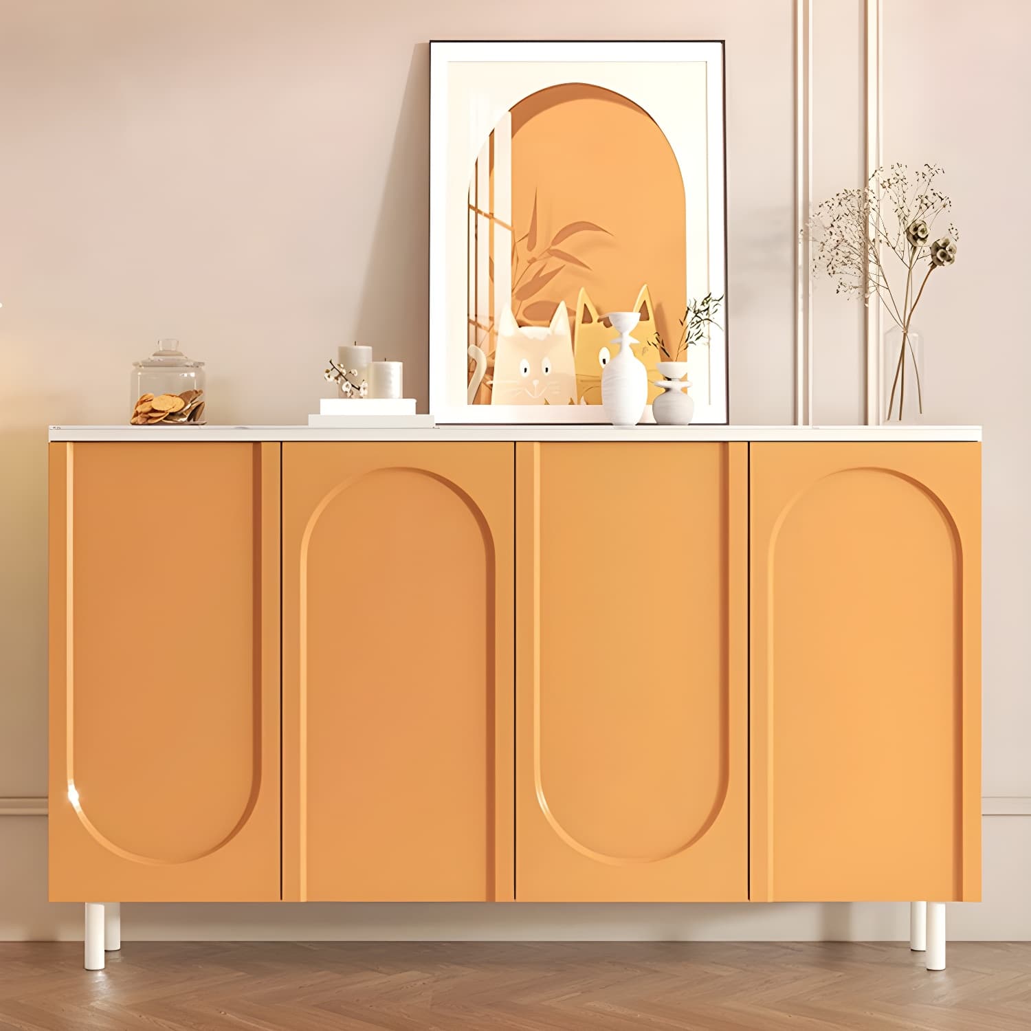 Scandinavian Wood Sideboard Cabinet with Stone Countertop, Adjustable Shelves - image 4
