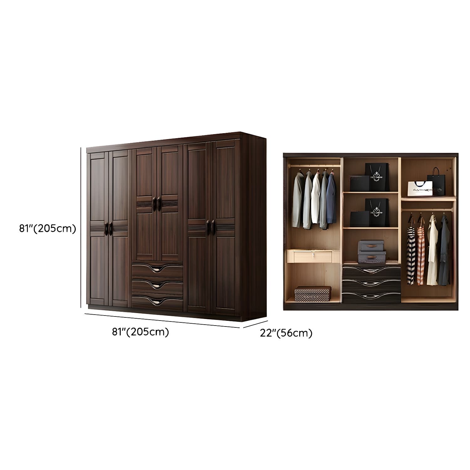 Traditional Black-brown Storage Wood Wardrobe with Clothing Rod and Shelves thumbnail 12