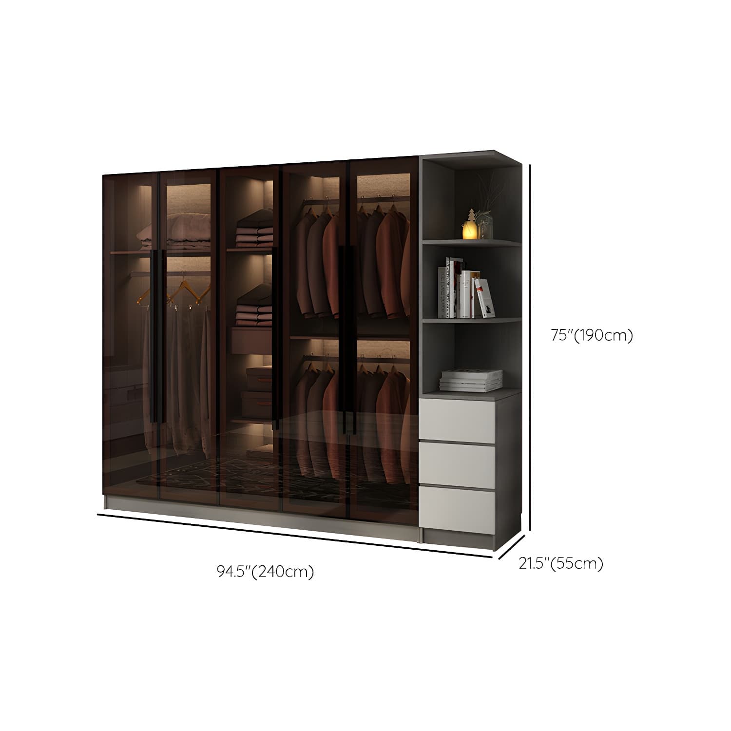 Modern Glass Hinged Doors Wardrobe Armoire Wood Frame Wardrobe with Shelves without Light thumbnail 21