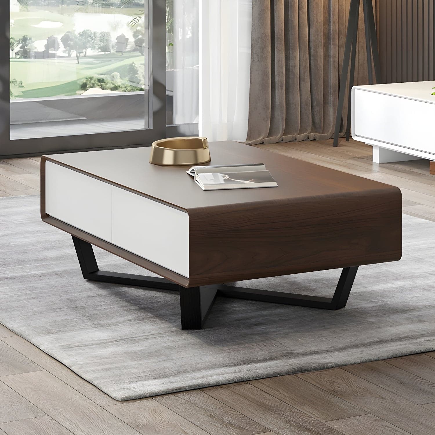 Rectangular Wood Modern Coffee Table with Black Metal Cross Legs and Storage Drawers thumbnail 7