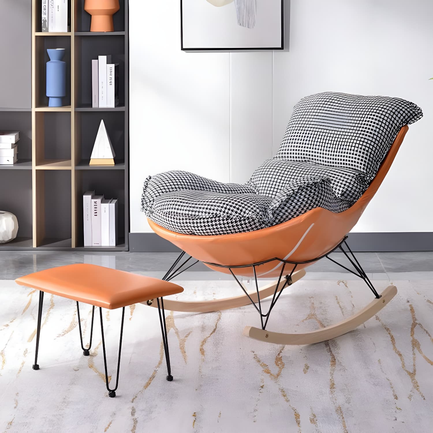 Modern Upholstered Rocking Chair with Ottoman Set - Natural Wood Legs thumbnail 8